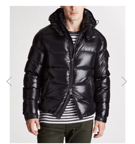 High-end Moncler Maya jacket in Guangzhou. Upgraded with glossy nylon, identical to original. Slim fit, fashionable, windproof, warm, waterproof. Features smooth zipper, detachable hood, multiple pockets. Colors: black with black/gray lining.