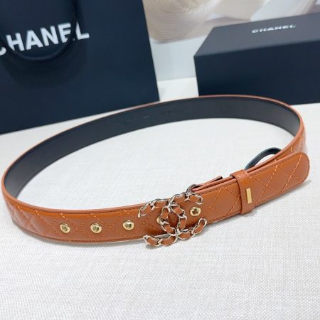 Chanel 3.0cm double-sided lambskin belt, 75-100cm length, brass buckle.