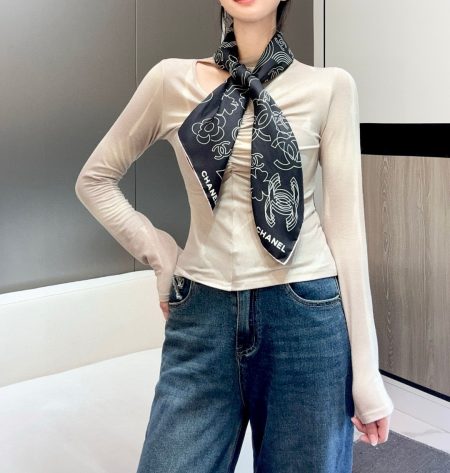 Chanel 24A Coco Line Art Scarf. 90x90cm, 100% silk twill, 18mm, handmade hem. Features minimalist line drawings of double C, stars, flowers, rainbows, hearts. Simple yet stylish design with brand logo.