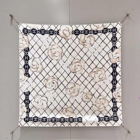 Classic Chanel beige camellia silk scarf, 90x90cm, 100% silk, hand-rolled edges. Comes with zip case.