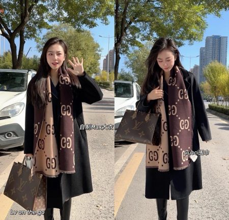 High-end version, new GG pattern wool silk scarf. Brown and beige, 35cm x 180cm. Silk and wool blend.