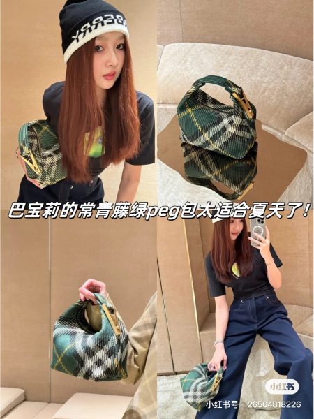 Burberry peg bag, a 2024 popular boxy knit bag with nostalgic charm, featuring iconic check pattern and a distinctive metal clip detail on the handle.