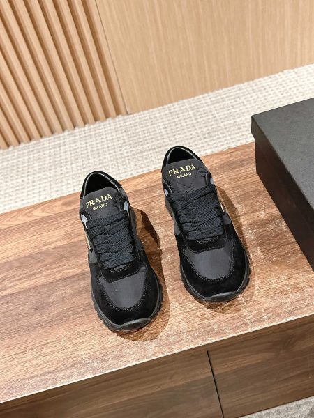 Prada spring-summer women's sneakers, suede and fabric blend, triangle logo, sizes 35-39.