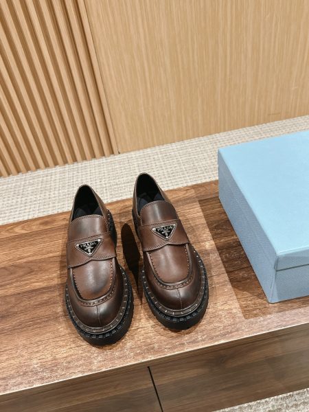 Prada soft leather platform loafers, new seasonal colors. Custom calfskin, 4cm heel. Sizes 35-40.