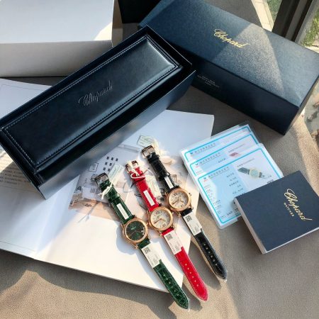 Genuine diamond inlay, three colors (black, red, green). Chopard Happy Diamonds watch, 36mm steel case, sapphire crystal, crocodile leather strap, 5 diamonds, white dial, Roman numerals.