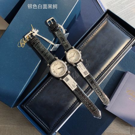 Chopard Happy Diamonds watch features iconic spinning diamonds under layered glass, elegant steel case, silver dial, and genuine alligator strap. Available in 36mm (7 diamonds) and 30mm (5 diamonds). A timeless luxury timepiece for women.