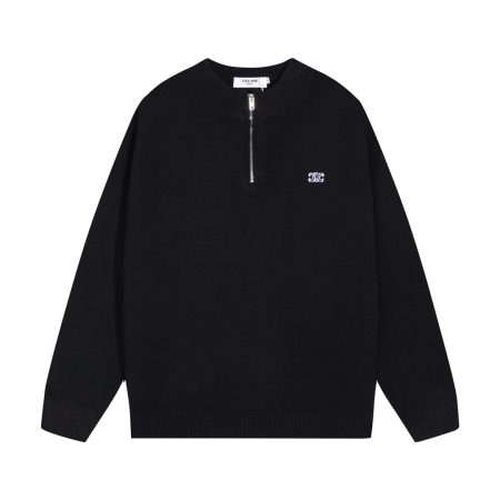 Celine embroidered logo zip-up wool sweater. Colors: black, gray. Sizes: S M L XL XXL.