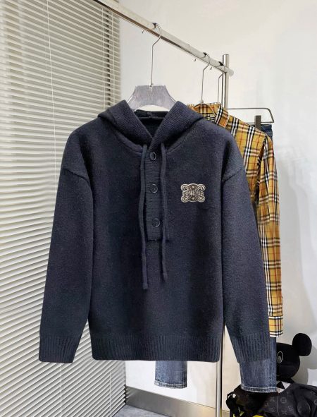 Celine Official Popular Thick Knitted Wool Logo Hooded Sweater Coat. Unisex, Black. Sizes M-3XL.