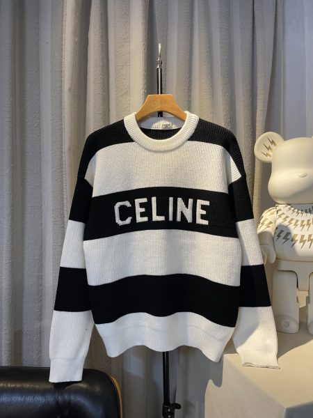 Celine black and white striped knit sweater, unisex design, soft fabric, sizes XS to L.