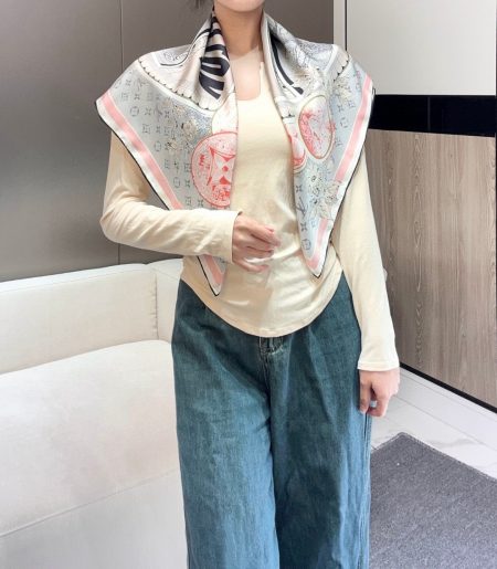 Louis Vuitton Retro Poster. 90x90cm 100% silk twill. Inspired by 19th-century posters, features Monogram background with travel stickers. Hand-rolled edges. Ideal for wear or decoration.