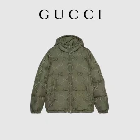 Gucci double G logo hooded down jacket in black and green. Sizes: 42-50.